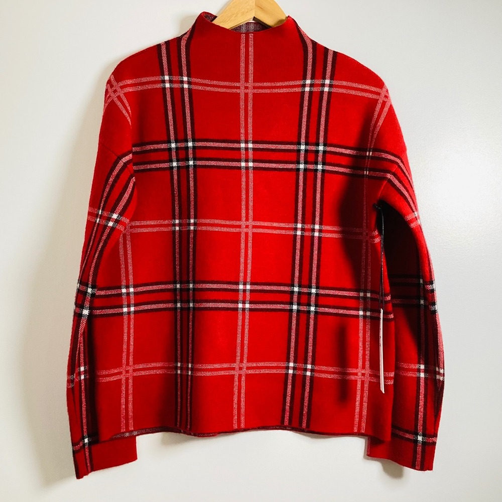 Nicole Miller New York Red Plaid Mock Neck Long Sleeve Pullover Top
